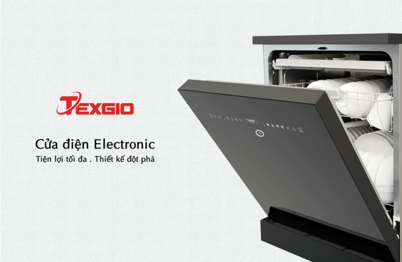 Texgio Dishwasher TGDM795B Smart Pro - Máy rửa chén bát 16 bộ, Sấy khí nóng, Màn hình màu siêu đẹp, Cửa điện, Tự động mở & đóng cửa